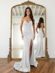 Navy Blue Strapless Sequin Prom Dress with Linear Beading