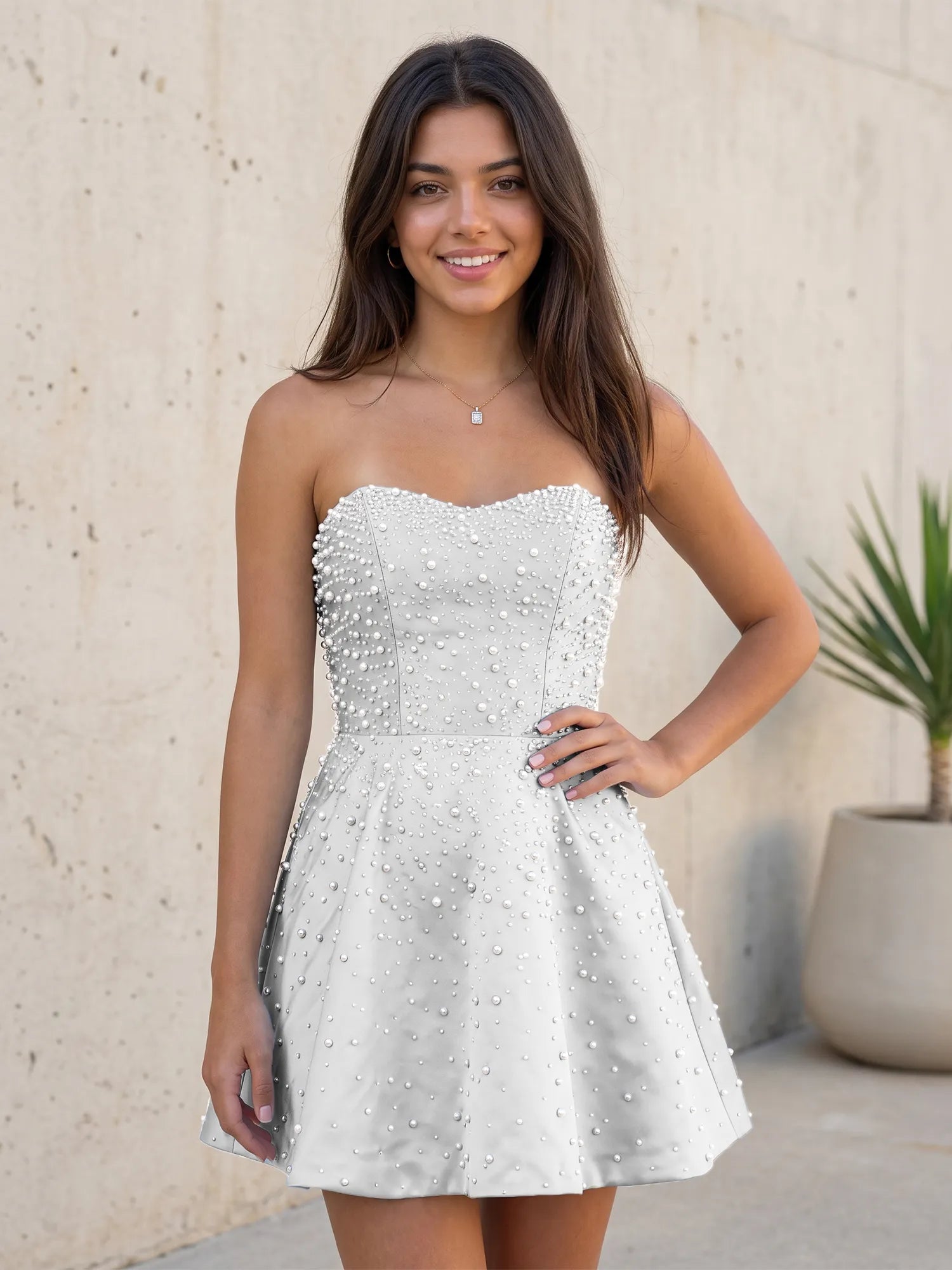 Baby Blue All Over Pearl Strapless Satin A-Line Mini Homecoming Dresses