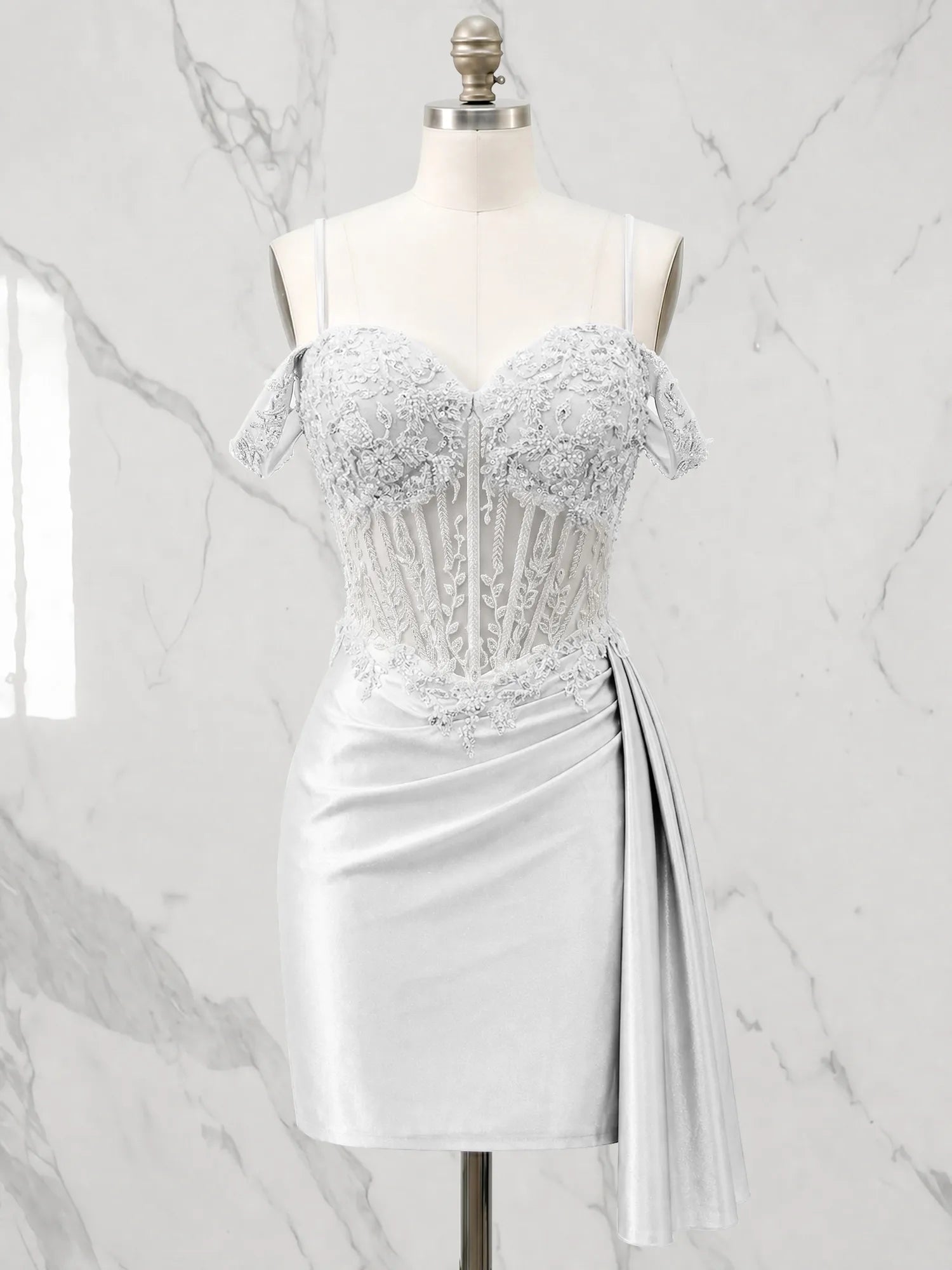 Sweetheart Sheer Corset Mini Dress with Cascading Side Drape Homecoming Dresses