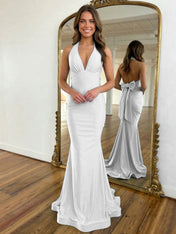 Light Blue Mermaid Halter Backless Long Prom Dress