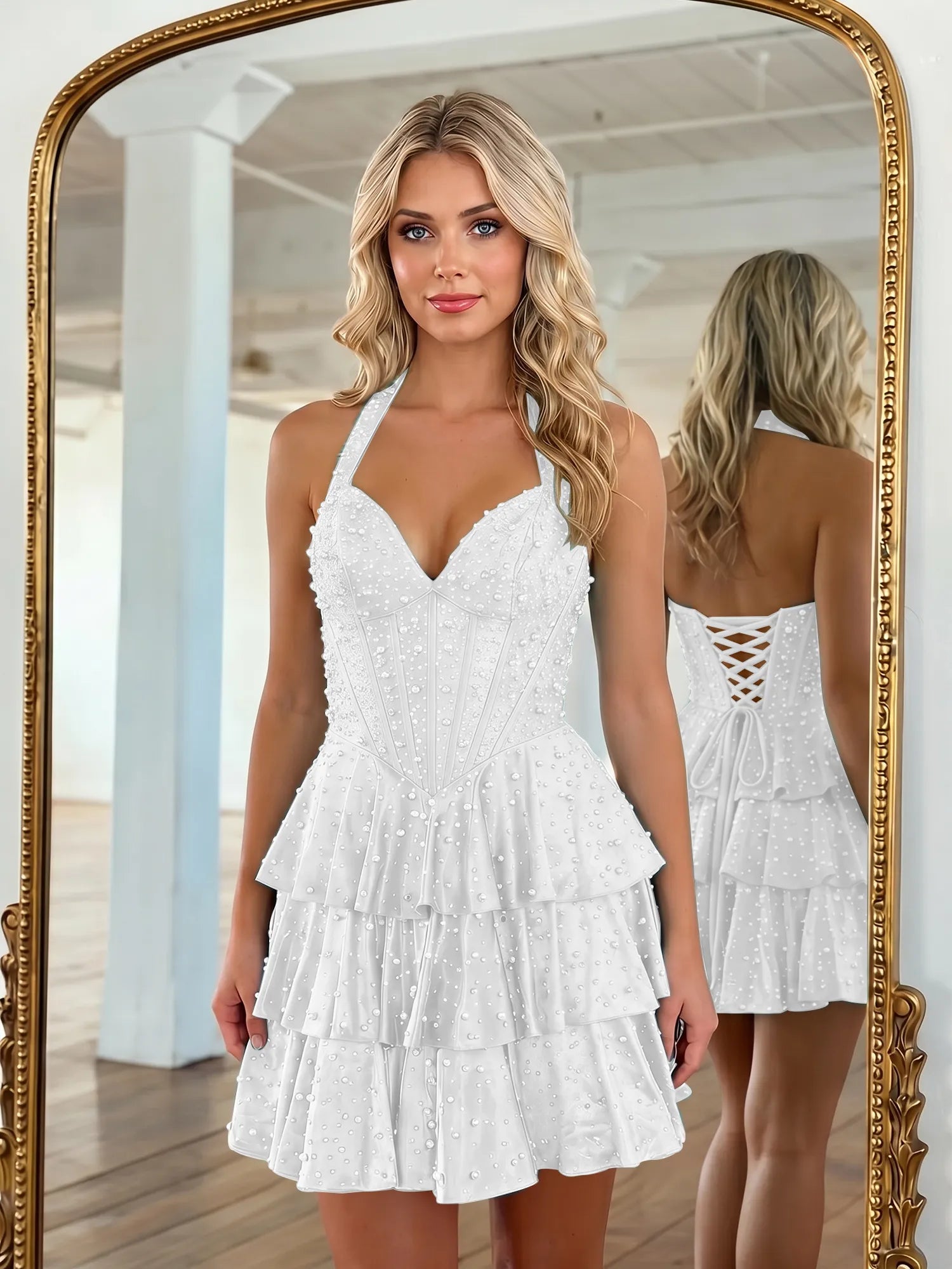 Halter Neck Pearl Beaded Tiered Short Homecoming Dresses
