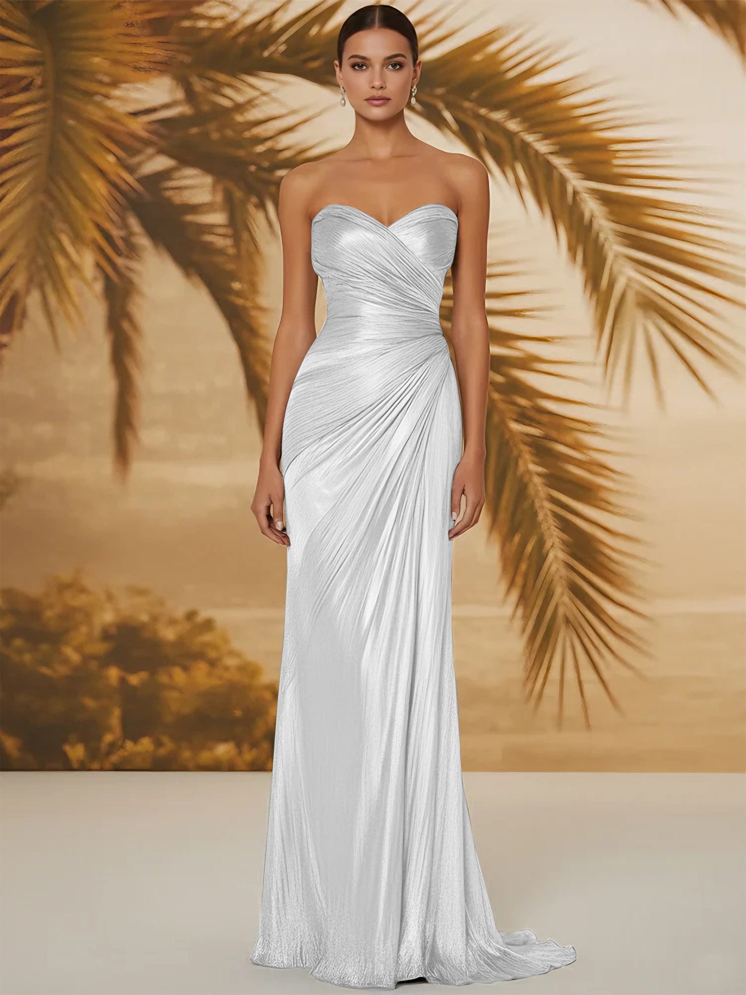 Evening Formal Dress V Neck Silk Ruffles Strapless Maxi Dress