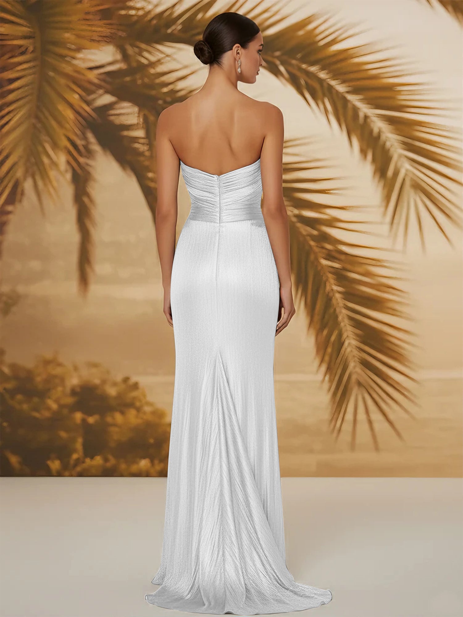 Evening Formal Dress V Neck Silk Ruffles Strapless Maxi Dress