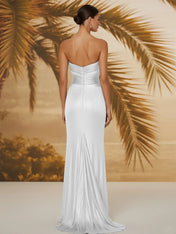 Evening Formal Dress V Neck Silk Ruffles Strapless Maxi Dress