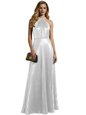 Luxurious Champagne-Gold Pleated Halter Long Prom Dress