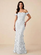 Black Off-the-Shoulder 3D Floral Mermaid Formal Gown Evening Dress
