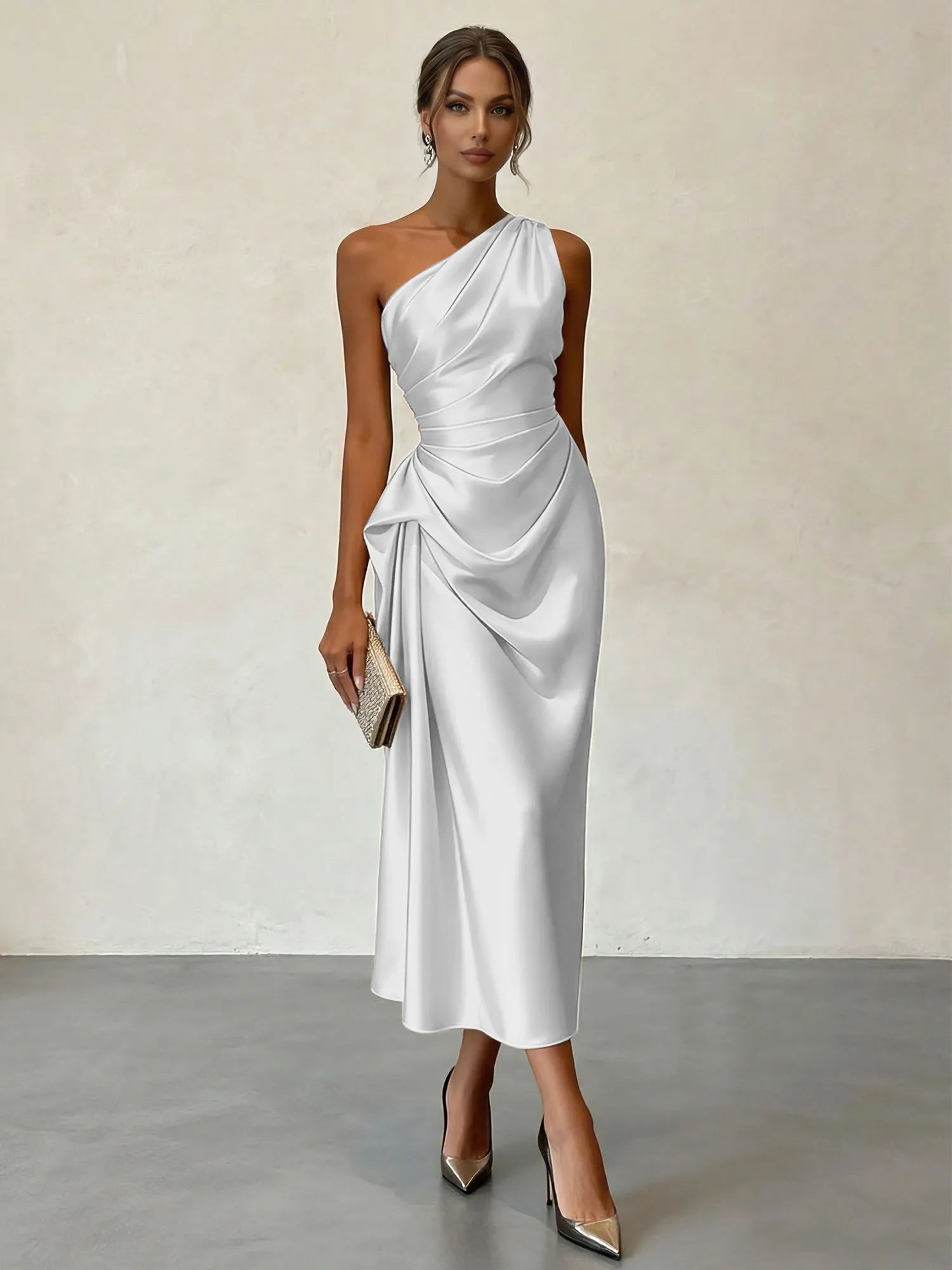 Champagne Ruched Satin One Shoulder Sleeveless Sheath Midi Dress