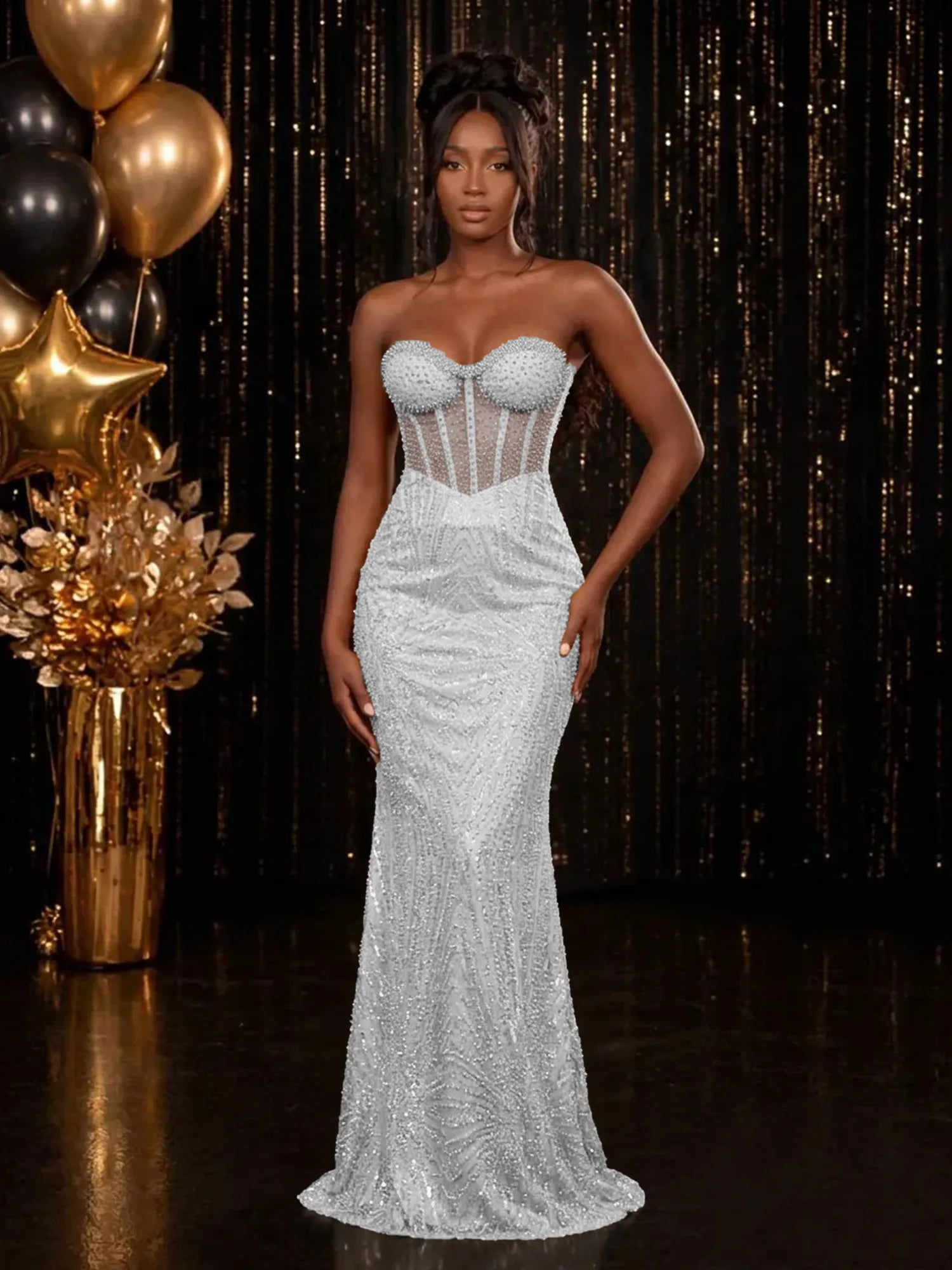 Strapless Sequin-Accented Mermaid Prom Dress with High Slit