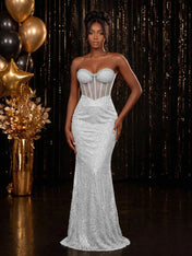 Strapless Sequin-Accented Mermaid Prom Dress with High Slit