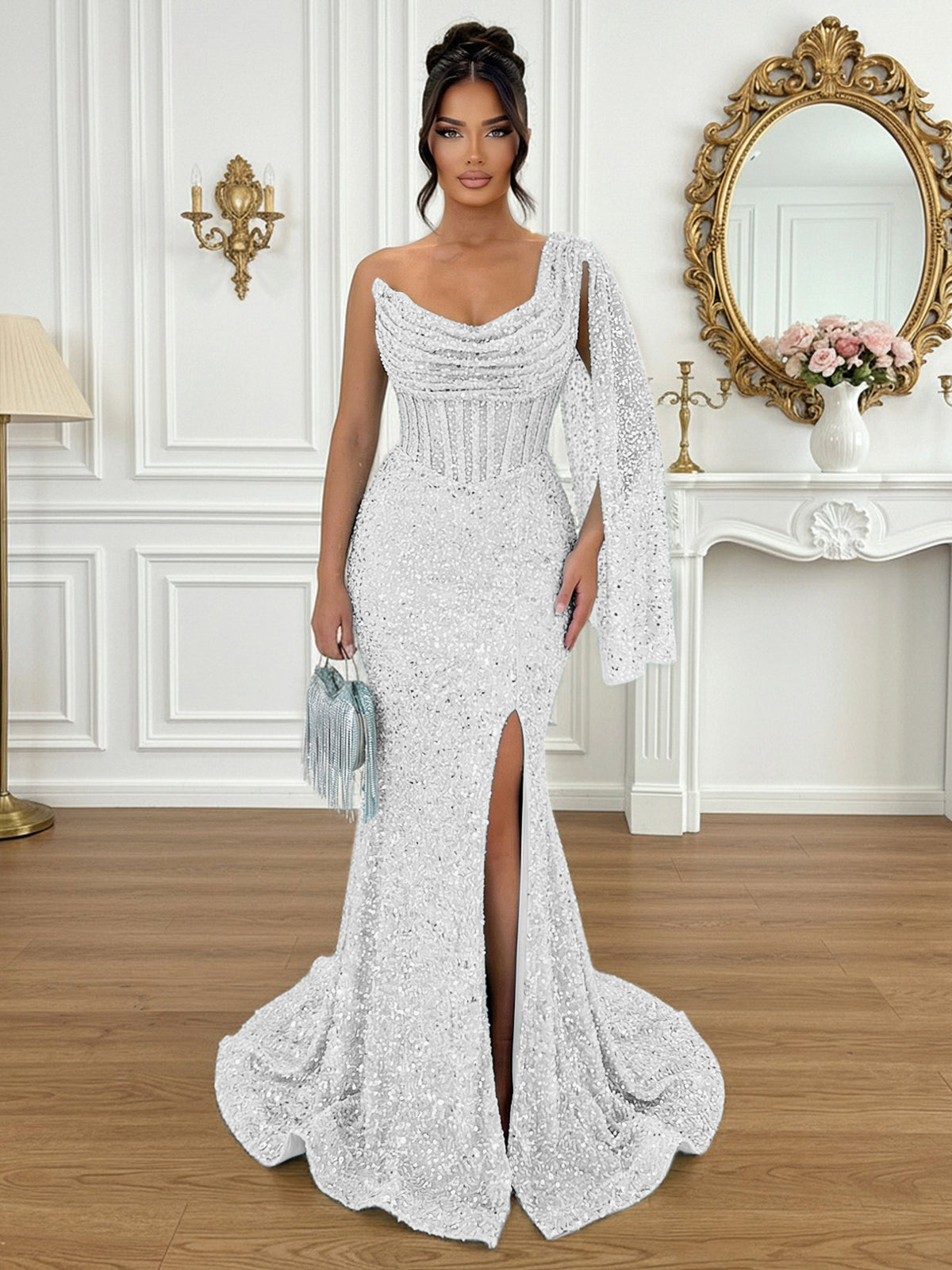 Glamorous Ice Blue One-Shoulder Sequin Corset Mermaid Prom Dresses with Slit
