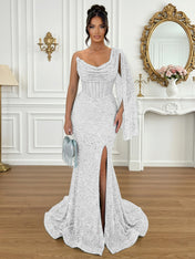 Glamorous Ice Blue One-Shoulder Sequin Corset Mermaid Prom Dresses with Slit