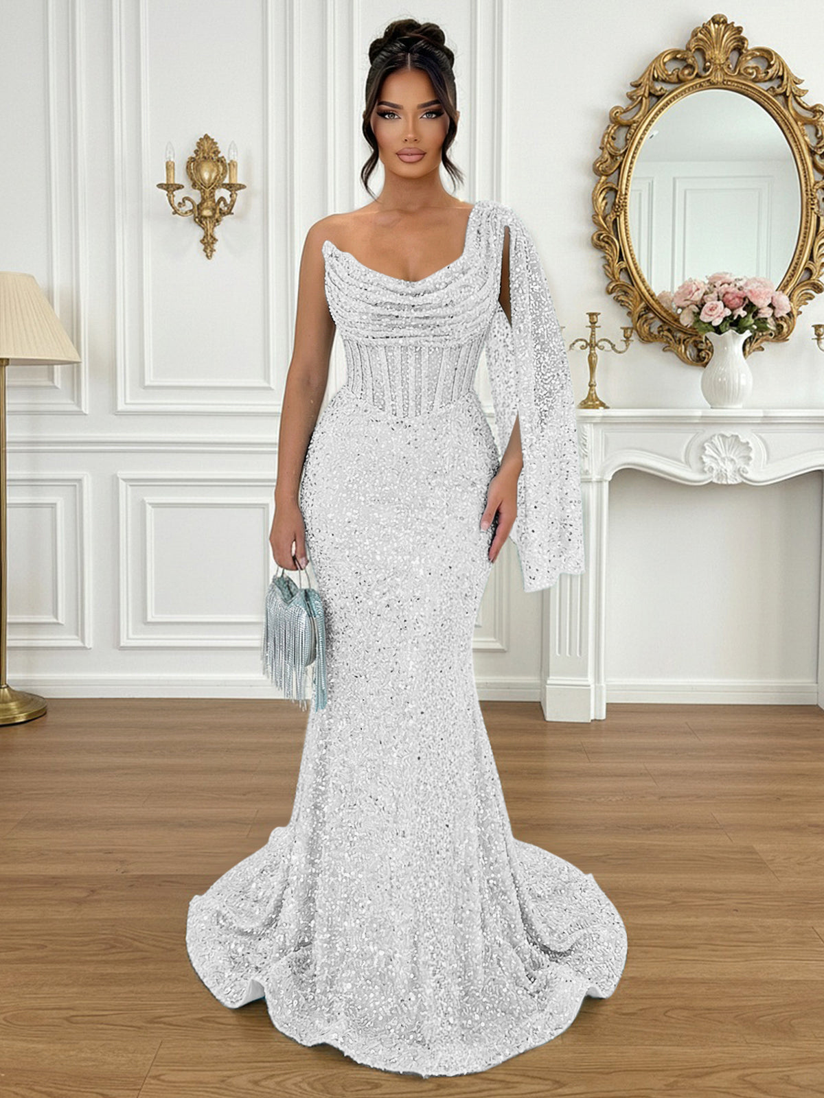 Glamorous Ice Blue One-Shoulder Sequin Corset Mermaid Prom Dresses