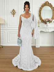 Glamorous Ice Blue One-Shoulder Sequin Corset Mermaid Prom Dresses