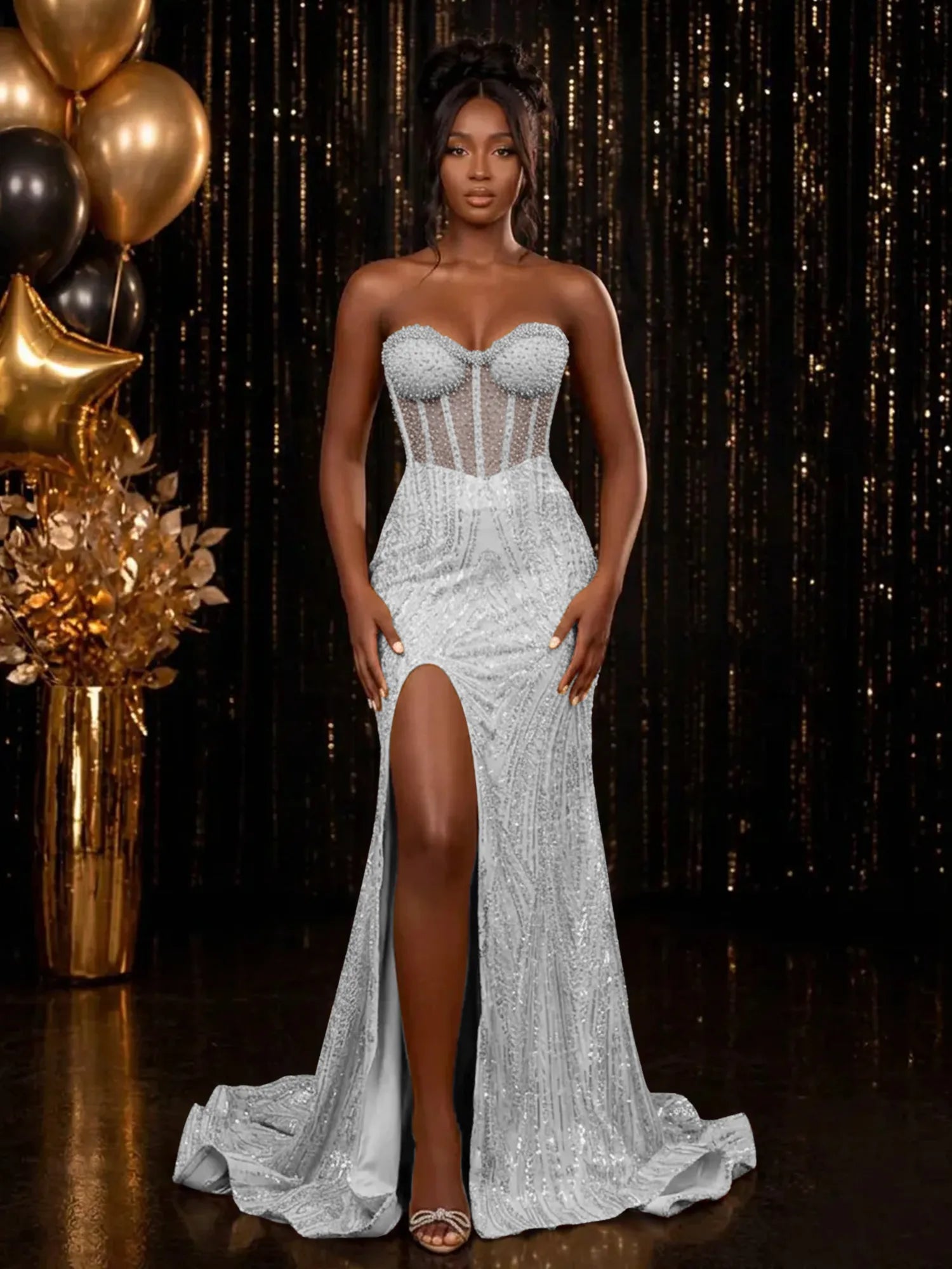 Strapless Sequin-Embellished Mermaid Prom Dress