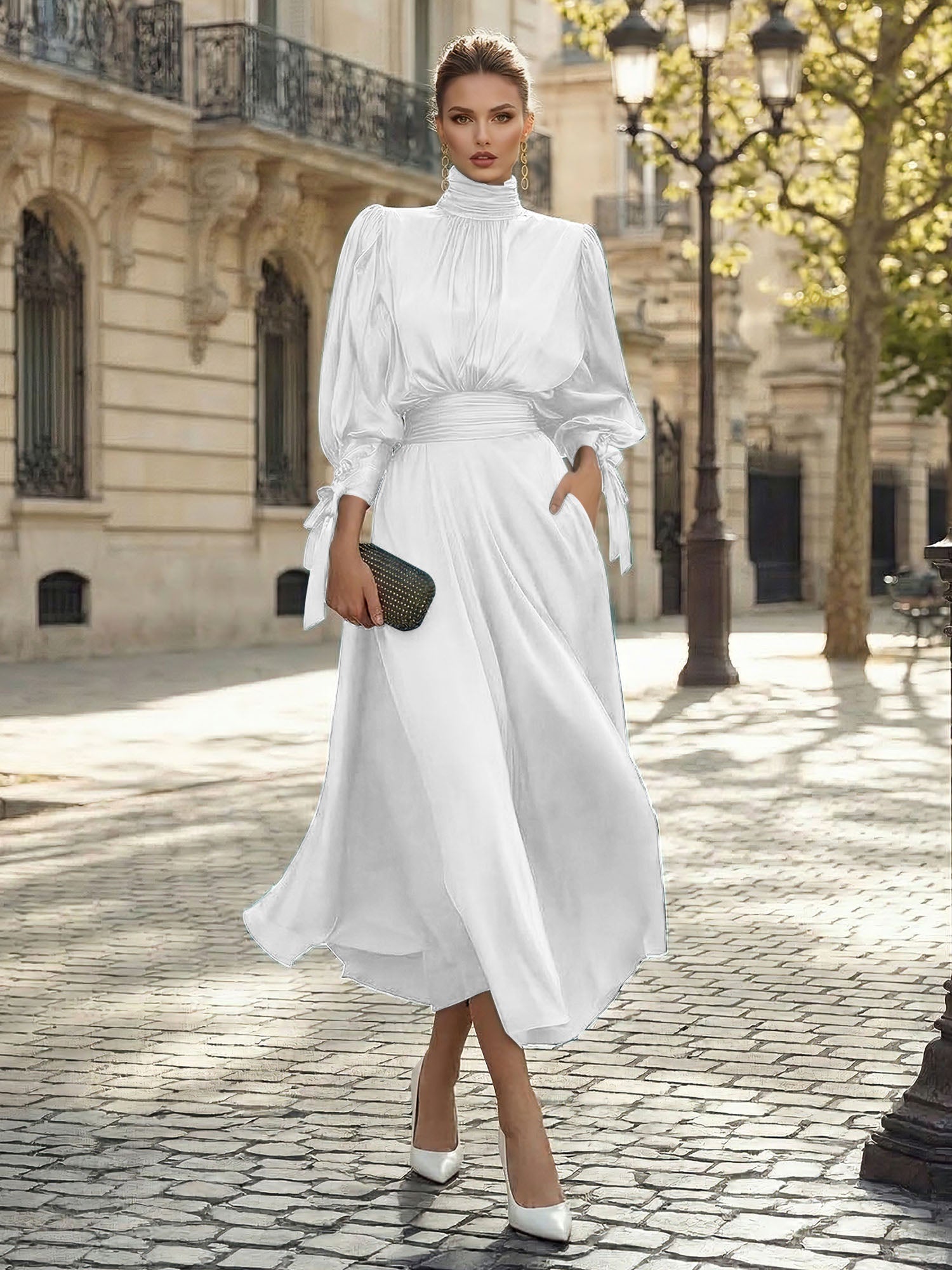 Sophisticated Emerald Green Satin High-Neck Midi Dress Gown