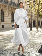 Sophisticated Emerald Green Satin High-Neck Midi Dress Gown
