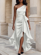 Glamorous Formal Dress Midnight Navy One Shoulder High-Low Satin Gown Midi Dress