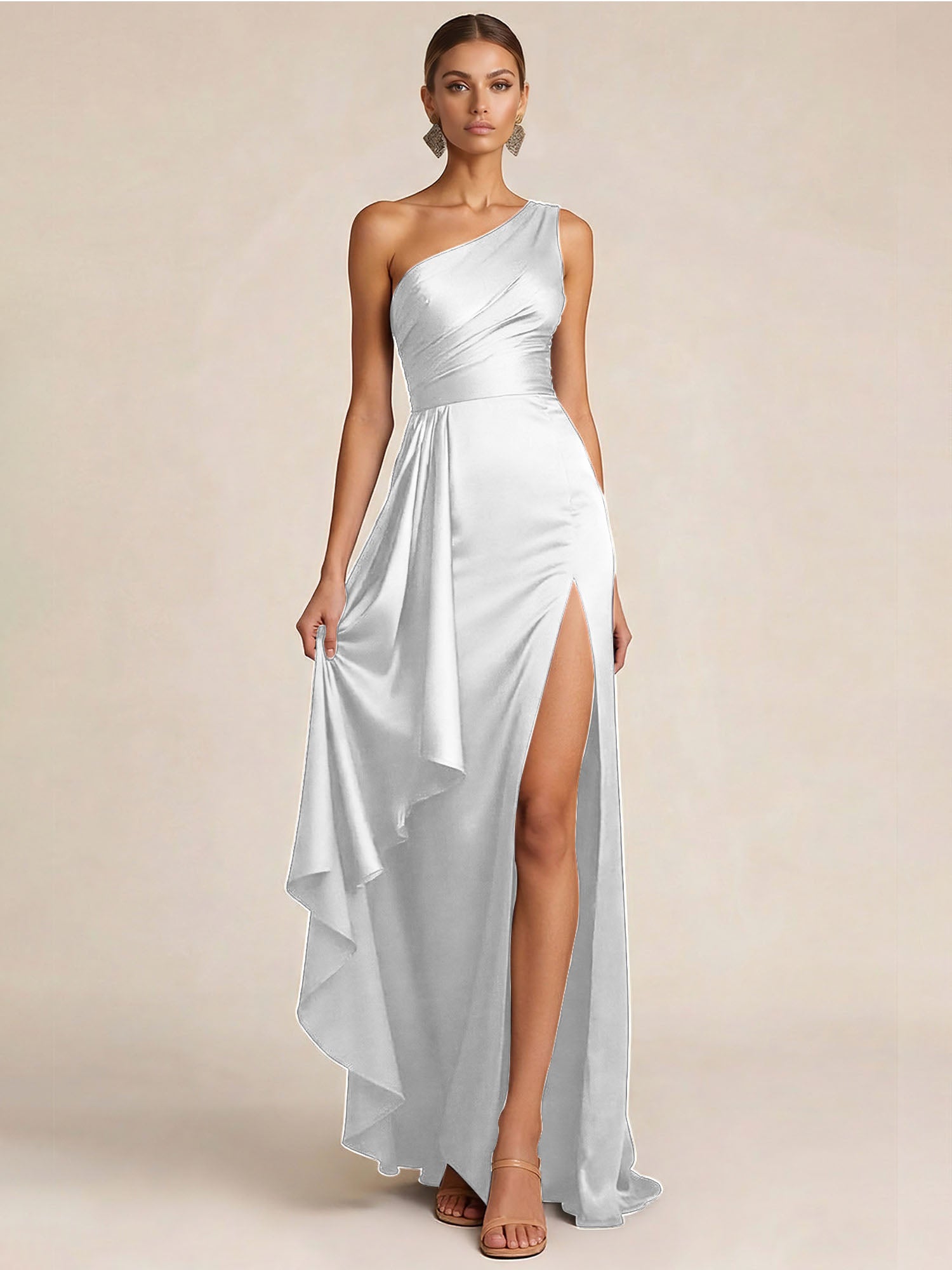 Sleek Foraml Evening Gown Midnight Navy One-Shoulder Satin Slit Maxi Dress