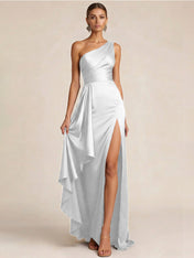 Sleek Foraml Evening Gown Midnight Navy One-Shoulder Satin Slit Maxi Dress