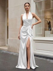 Navy Blue Halter V-Neck Satin Gown with Side Knot and High Slit Evening Dress