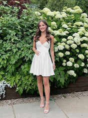Blue A Line V-neck Beaded Back Tie Short Homecoming Mini Dress