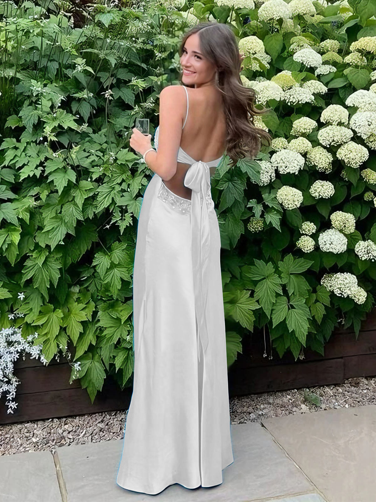 Blue A Line V-neck Beaded Back Tie Long Prom Dress