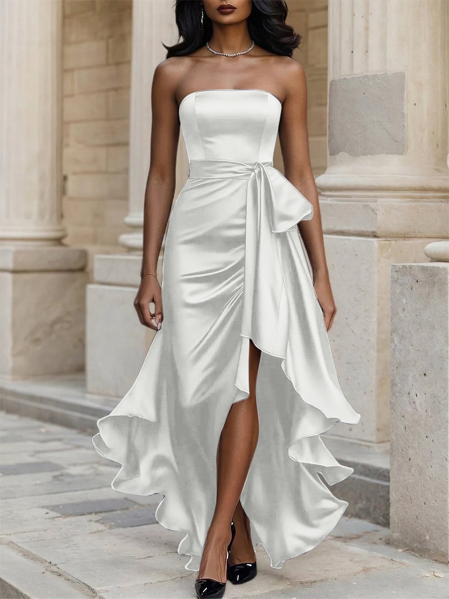 Glamorous Formal Dress Midnight Navy Strapless Satin Gown Midi Dress