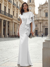 Elegant Formal Evening Dress Moonlight Silver Asymmetrical Ruffle Satin Gown