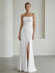 Glamorous Formal Evening Dress Soft Blush Beaded Strapless Slit Gown