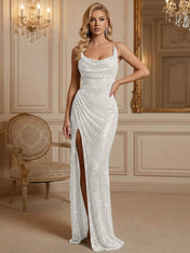 Silver Sequin Cowl Neck Ruched Long Prom Dress with High Slit