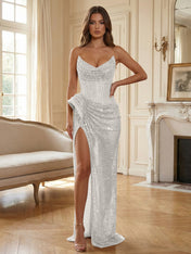 Champagne Gold Crystal-Embellished Corset Long Prom Dress with Slit