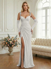 Light Blue Sequin Mermaid Matching Opera Gloves Long Prom Dress with Slit
