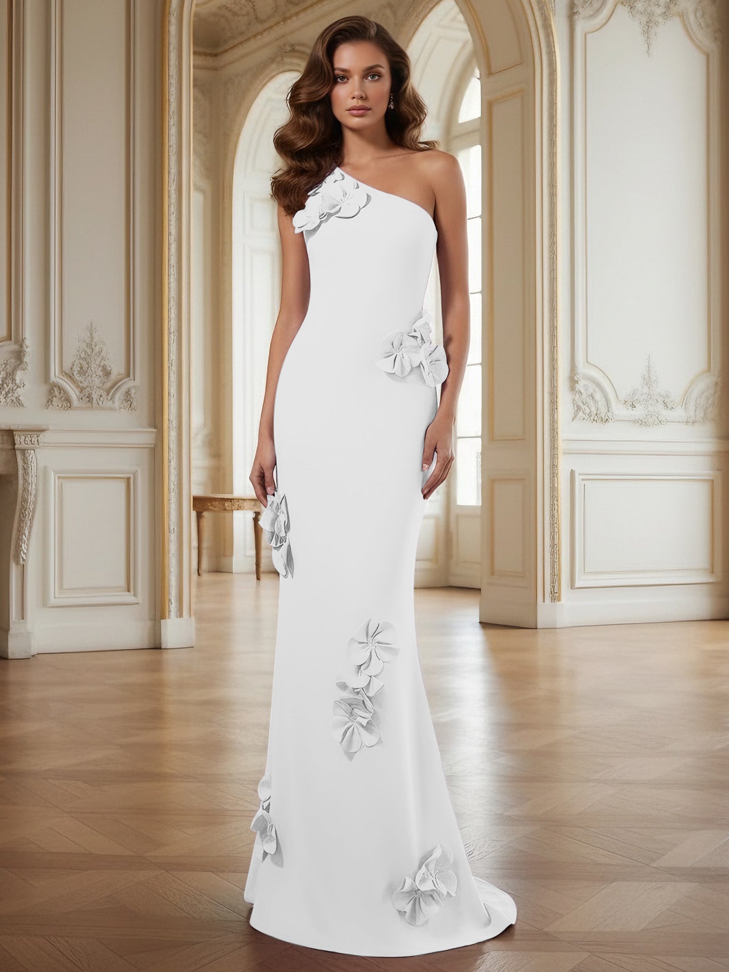 Cream One-Shoulder Prom Dress with Sculptural 3D Floral Appliqués