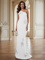 Cream One-Shoulder Prom Dress with Sculptural 3D Floral Appliqués