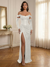 Glamorous Sequined Off-Shoulder Corset Bodice Long Prom Dress with High Slit
