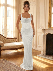 Sparkly Blue Shimmer Cowl Neck Corset Prom Dress