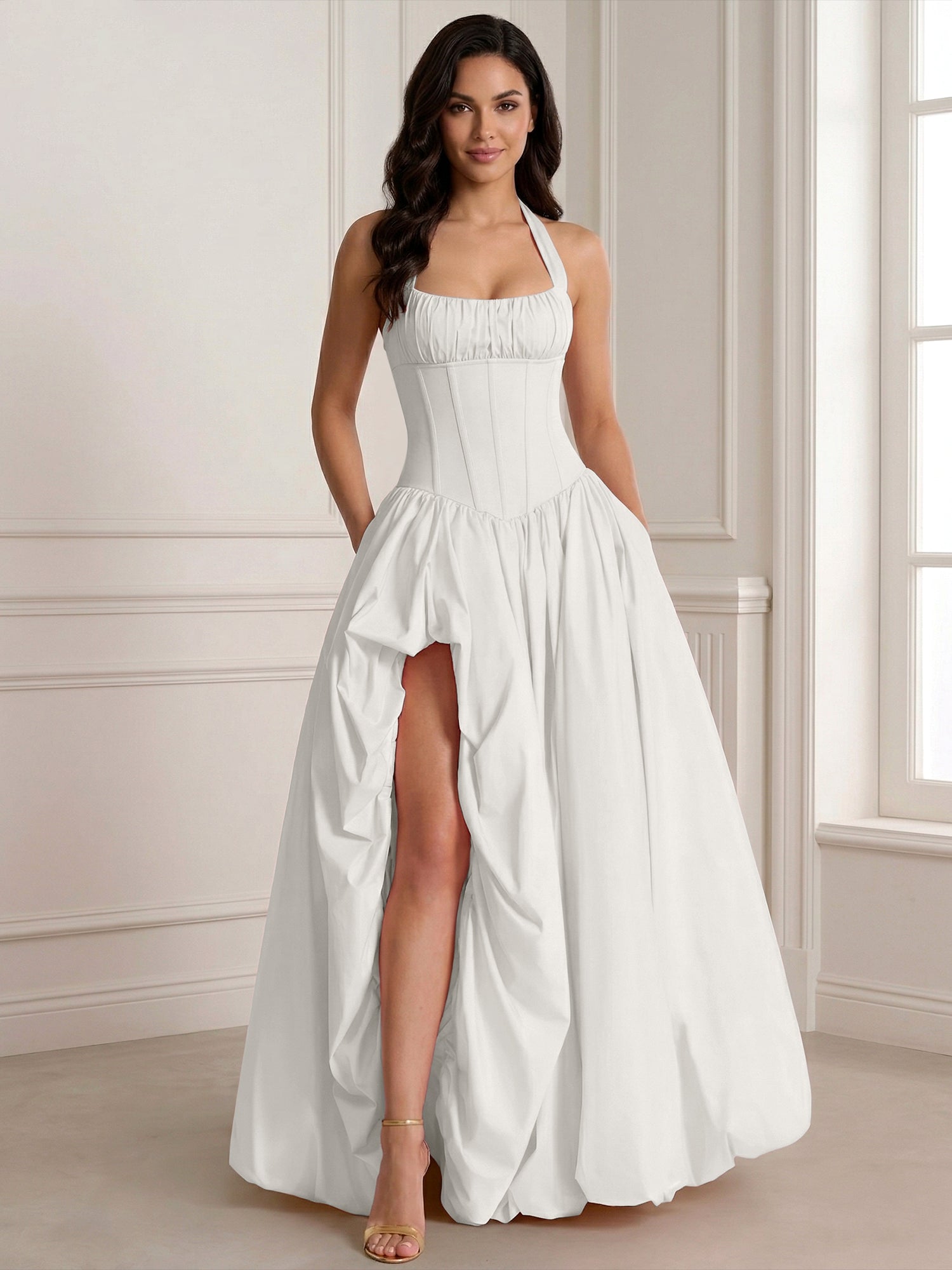 Glamorous Blush Pink Halter Corset Evening Paty Dress Gown