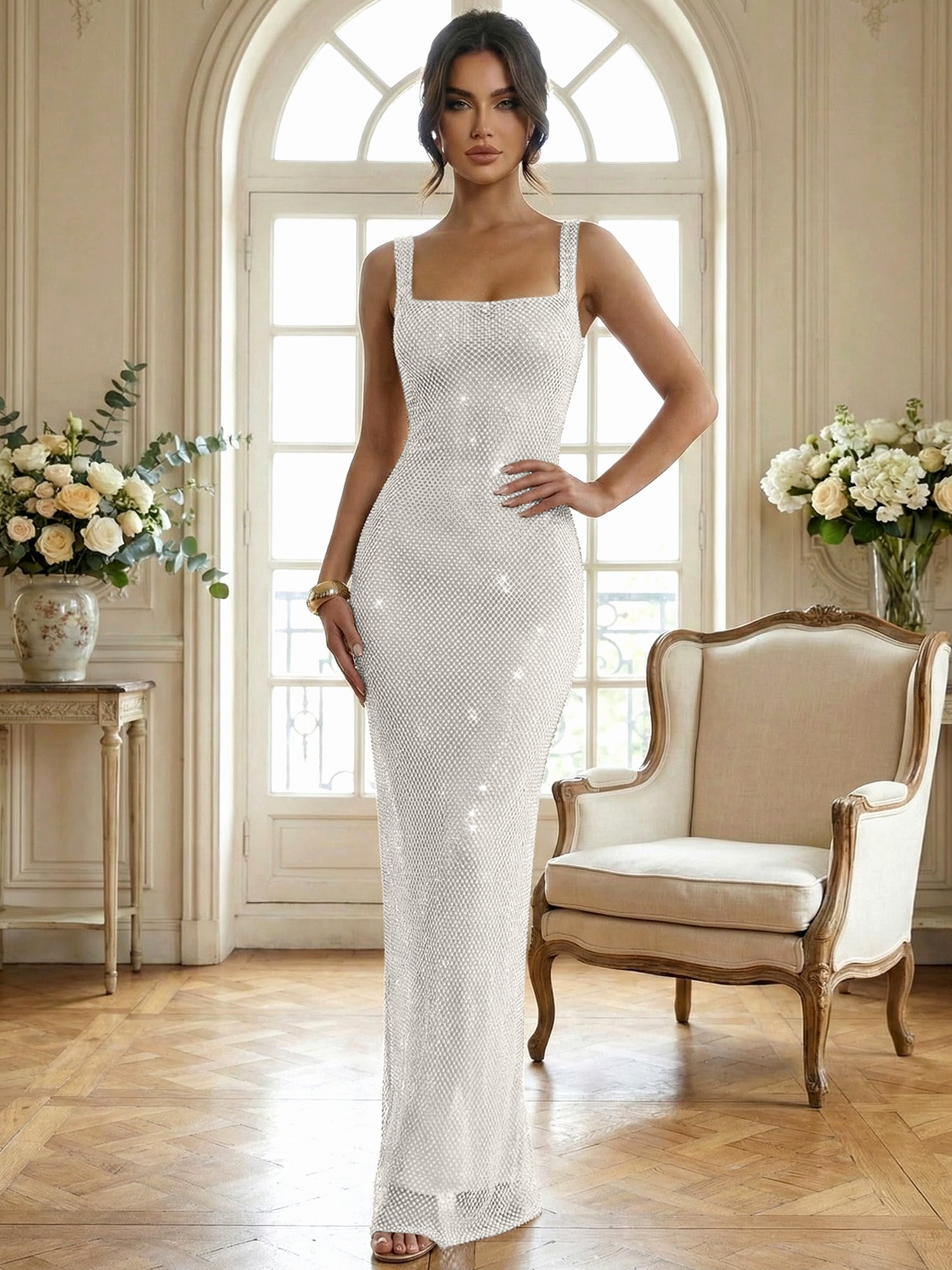 Sparkly Champagne Crystal Mesh Square Neck Long Prom Dress