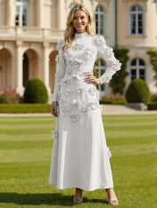 A Line High Neck Long Sleeves Stretch Crepe Dress With 3D Flowers