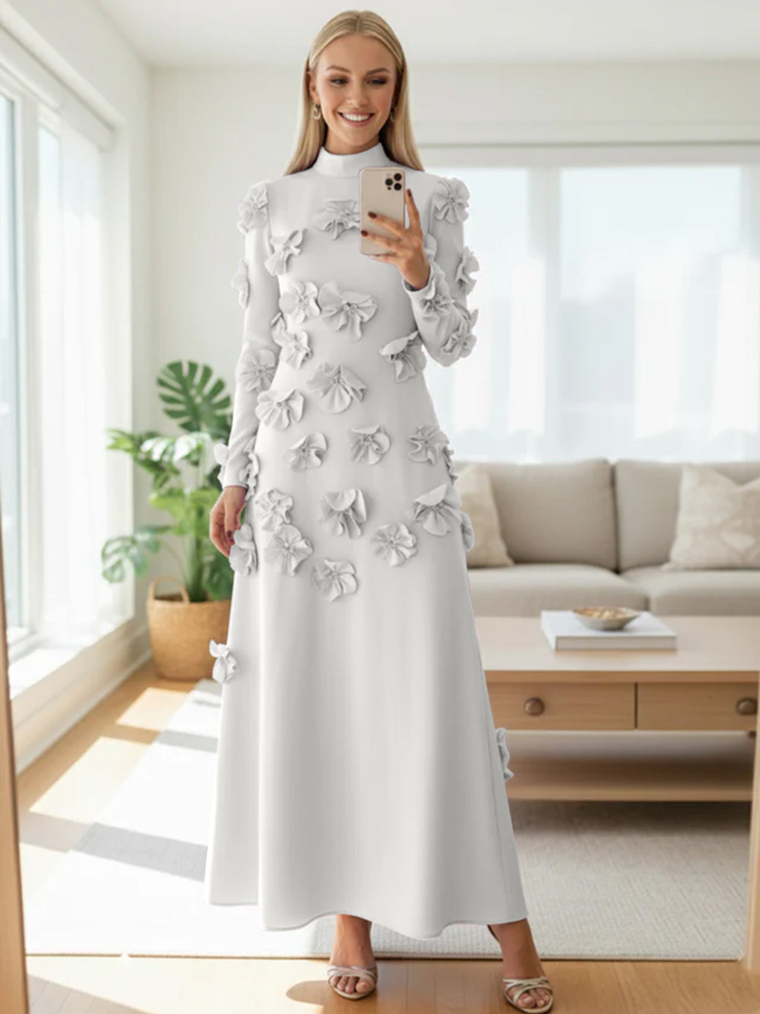A Line High Neck Long Sleeves Floor Length Stretch Crepe Dress With 3D Flowers