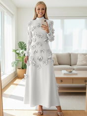 A Line High Neck Long Sleeves Floor Length Stretch Crepe Dress With 3D Flowers