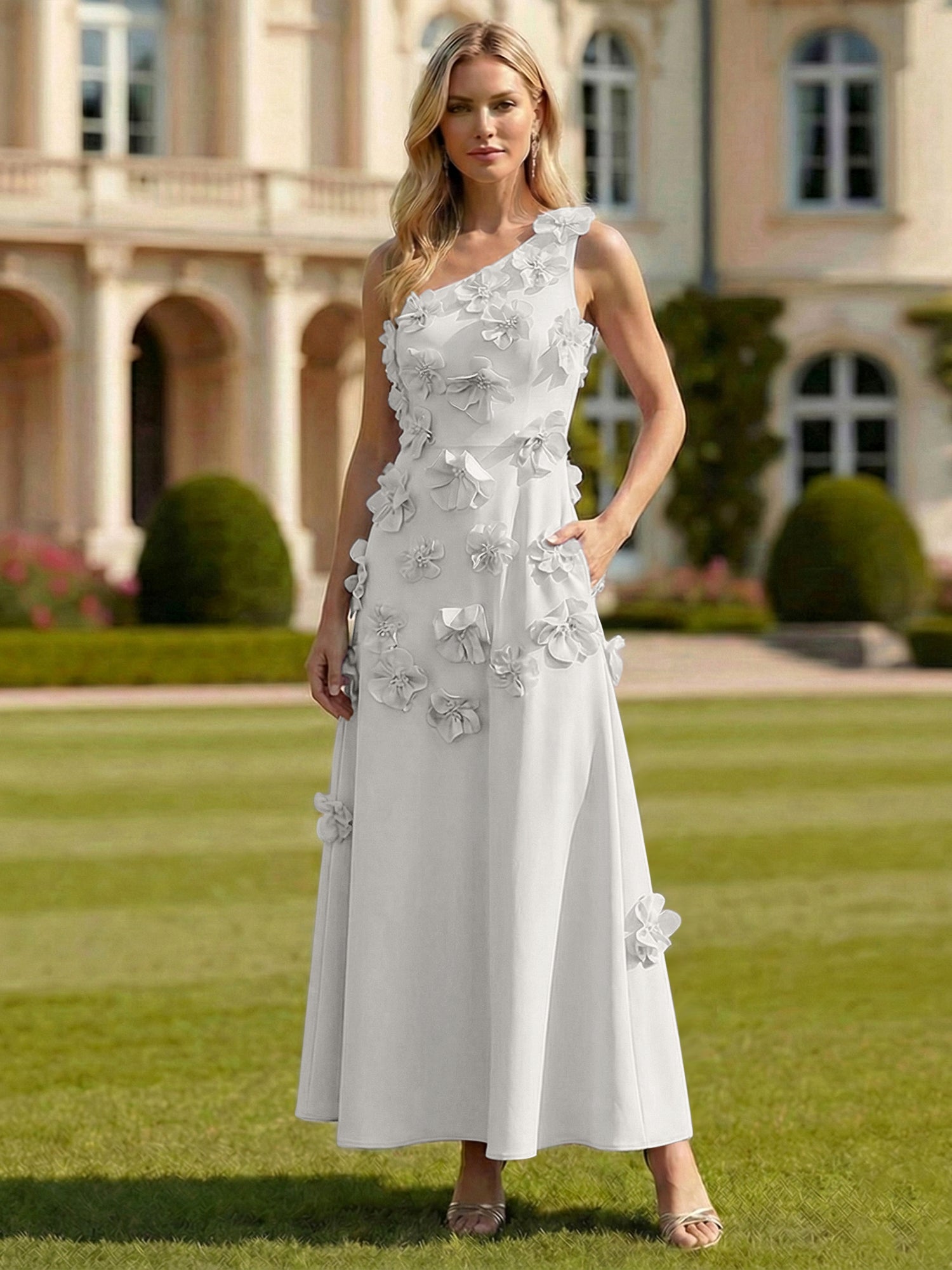 A Line One Shoulder Sleeveless Floor Length Stretch Crepe Dress With 3D Flowers