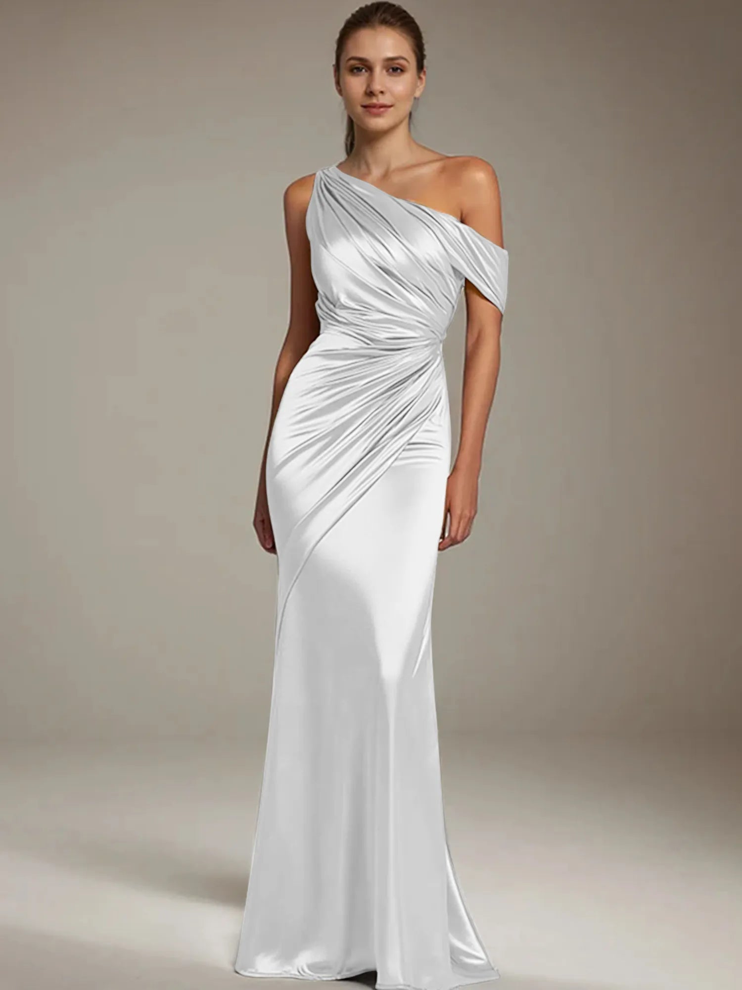 Formal Party Satin Dress Silver One-Shoulder Pleated  Floor-Length Dress