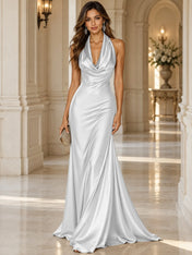 Elegant and Luxurious Cowl-neck Champagne Gold Satin Maxi Dress