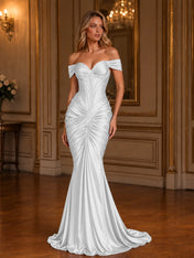 Burgundy Off-The-Shoulder Ruched Mermaid Floor-Length Gown Dress
