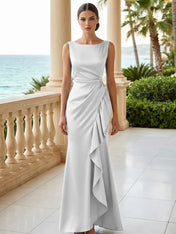Dusty Blue Scoop Neck Evening Dress with Ruffle Mermaid Maxi Dress