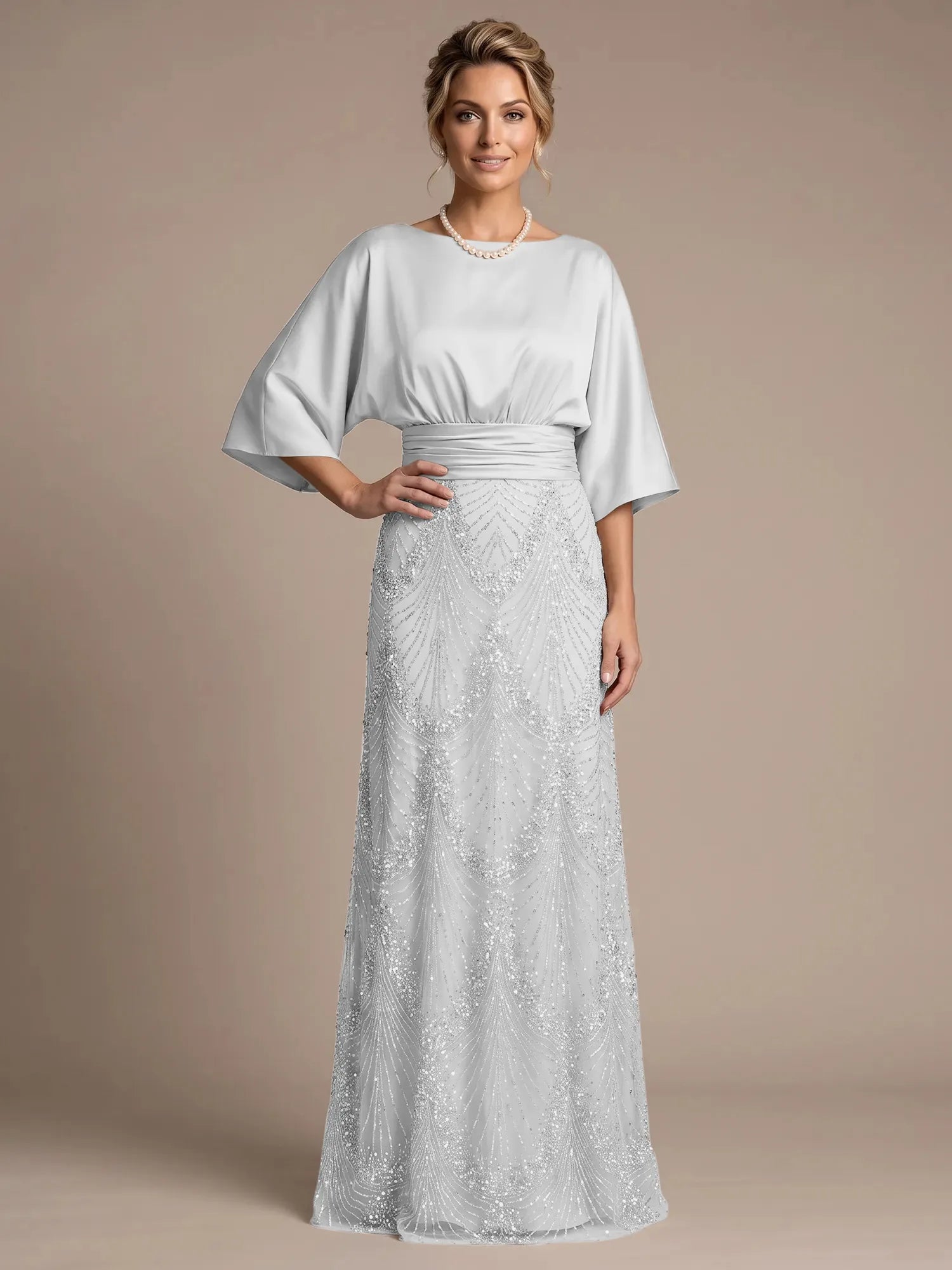 Bateau Neck Satin Evening Gown with 3/4 Batwing Sleeves Mother of The Bride Dresses