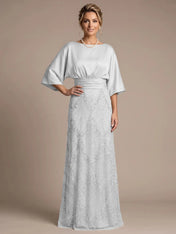 Bateau Neck Satin Evening Gown with 3/4 Batwing Sleeves Mother of The Bride Dresses