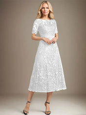 A-line Scoop Illusion Tea-Length Lace Mother of the Bride Dress With Sequins