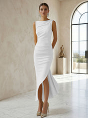 Elegant Formal Evening Gown Butter Yellow Ruched Asymmetrical Midi Dress